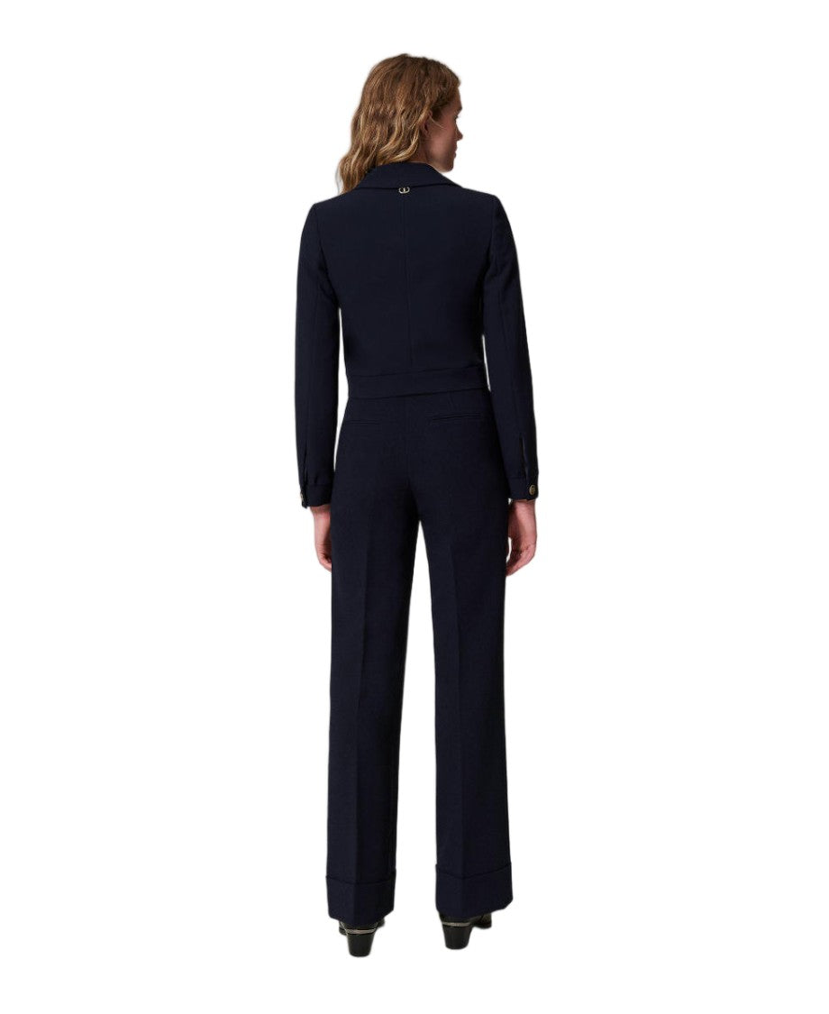 Twin-Set Classic Blue Cady Crêpe High-Waisted Tab-Detail Straight-Leg Pants