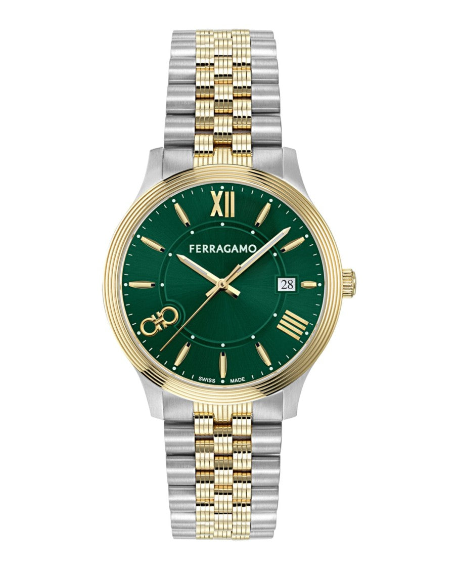 Ferragamo Two-Tone Bracelet Watch With Green Sunray Dial