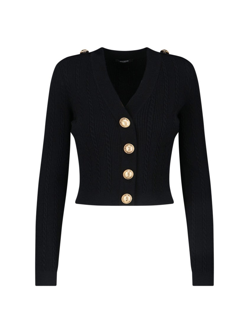 Balmain Structured Shoulder Black V-Neck Cardigan With Decorative Buttons