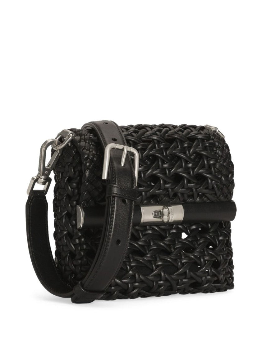 Dolce & Gabbana Woven Design Black Bag With Twist-Lock Closure And Adjustable Strap