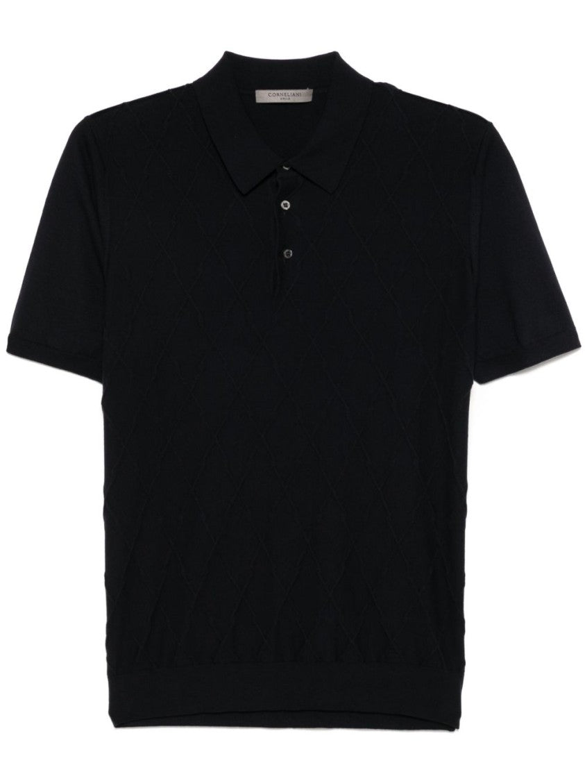 Corneliani Textured Black Polo Sweater With Buttoned Placket