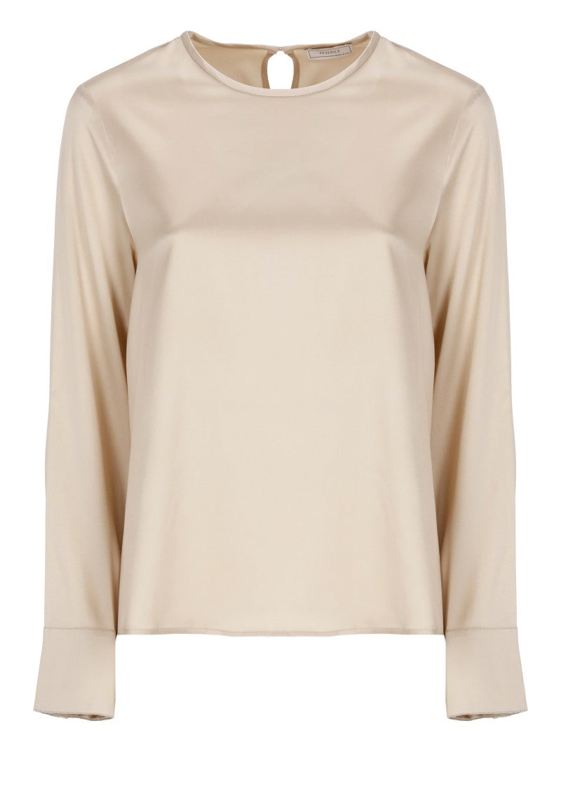 Peserico Beige Beaded-Cuff Silk Blouse