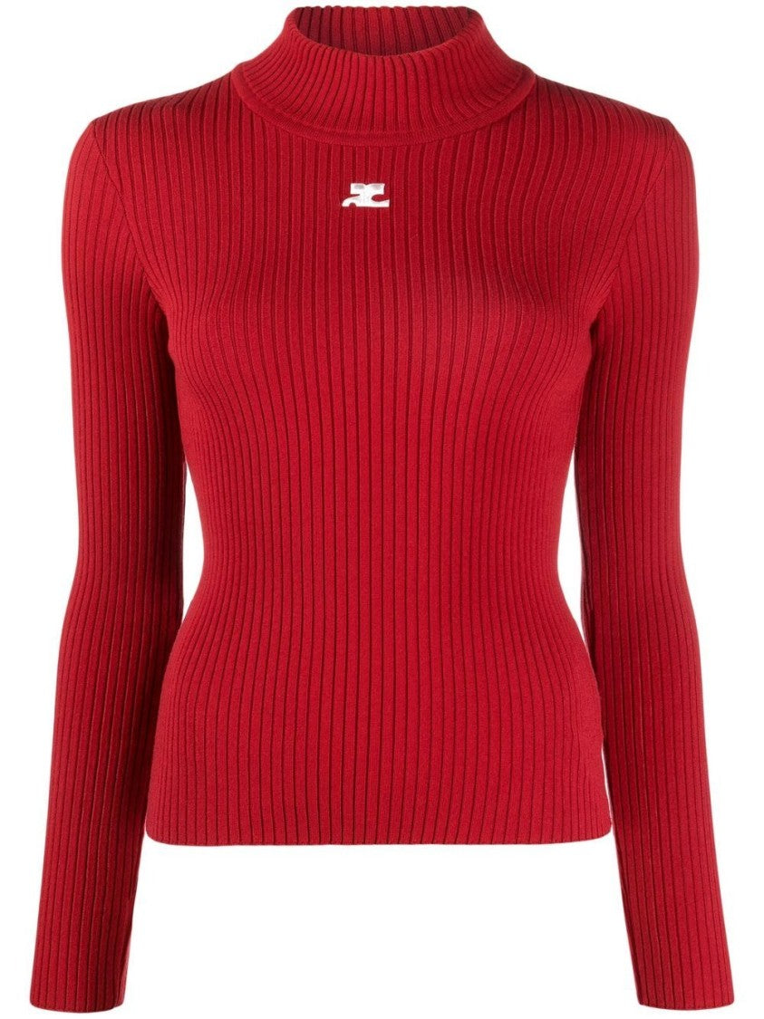 Courrèges Fitted Red Ribbed Knit Sweater With Embroidered Logo