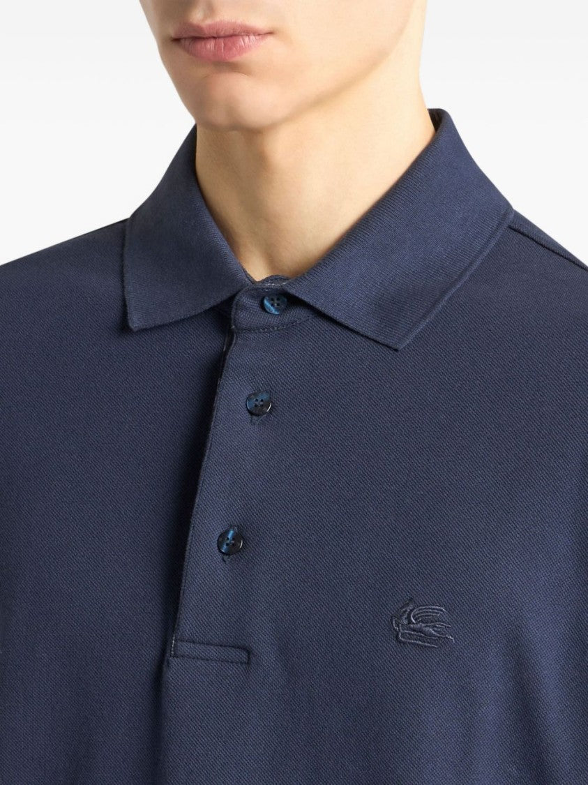 Etro Pegaso-Embroidered Navy Blue Long Sleeve Polo Shirt