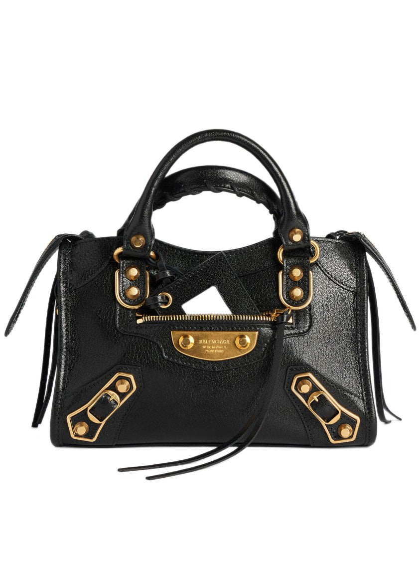 Balenciaga Structured Black Leather Mini Shoulder Bag With Gold Accents