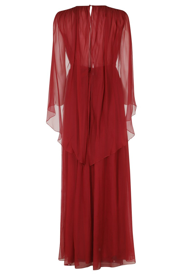 Alberta Ferretti Red Silk Chiffon V-Neck Pleated Silk Dress