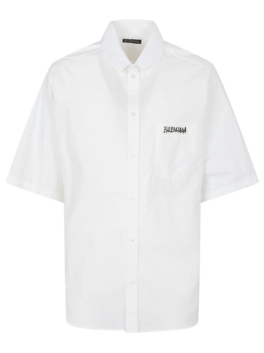 Balenciaga Short-Sleeve White Shirt With Button-Down Collar And Logo Detail