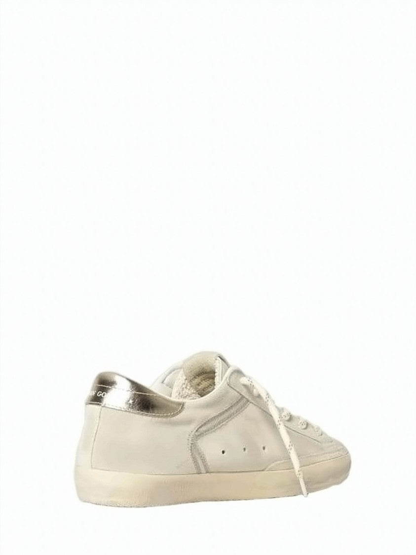 Golden Goose Distressed White Leather Low-Top Sneakers With Glitter Detail