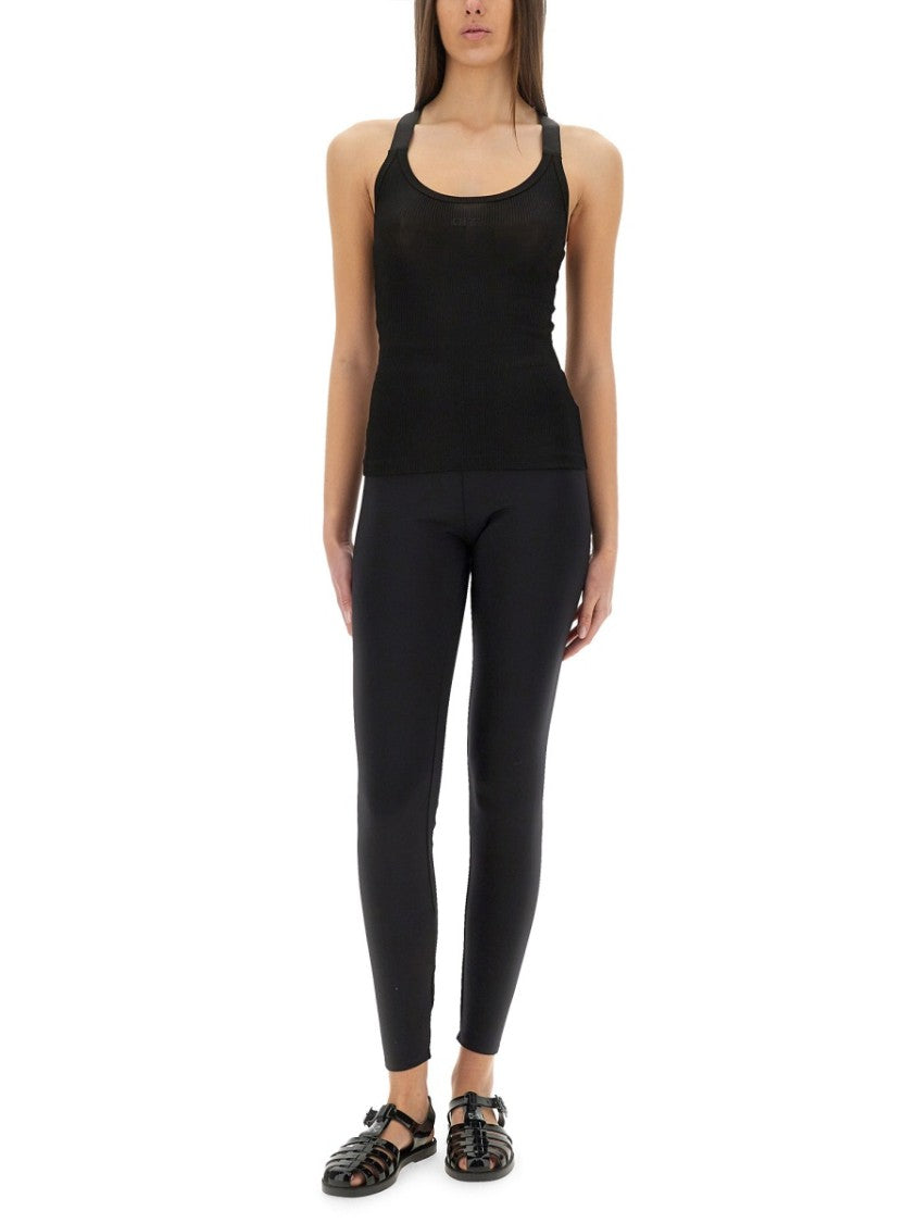 Off-White Slim Fit Ribbed Top With Cross-Strap Design