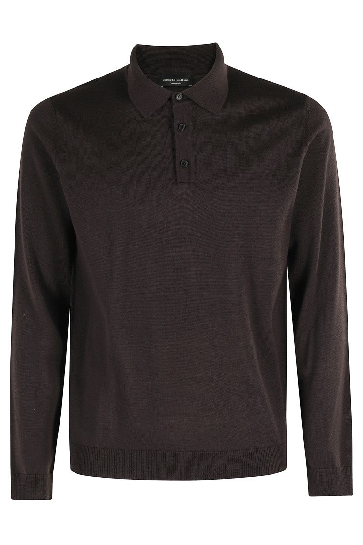 Roberto Collina Long Sleeve Brown Wool Polo Shirt