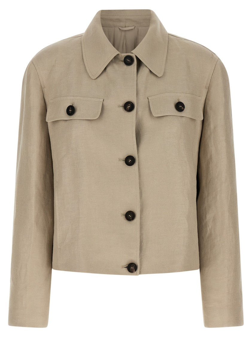 Brunello Cucinelli Cropped Linen Blazer With Contrasting Button Closure