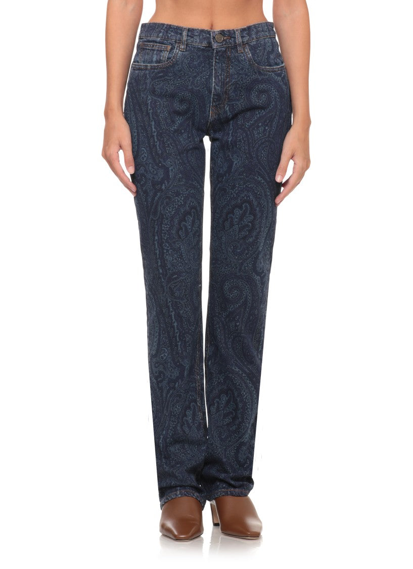 Etro Blue Dark Paisley Flared Cotton Denim Jeans