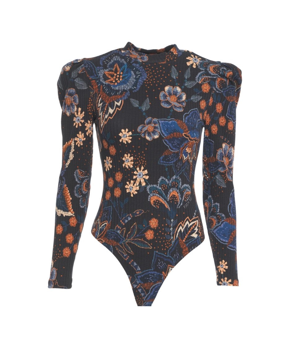 Farm Rio Fitted Bodysuit With Floral Print And Puffed Sleeves