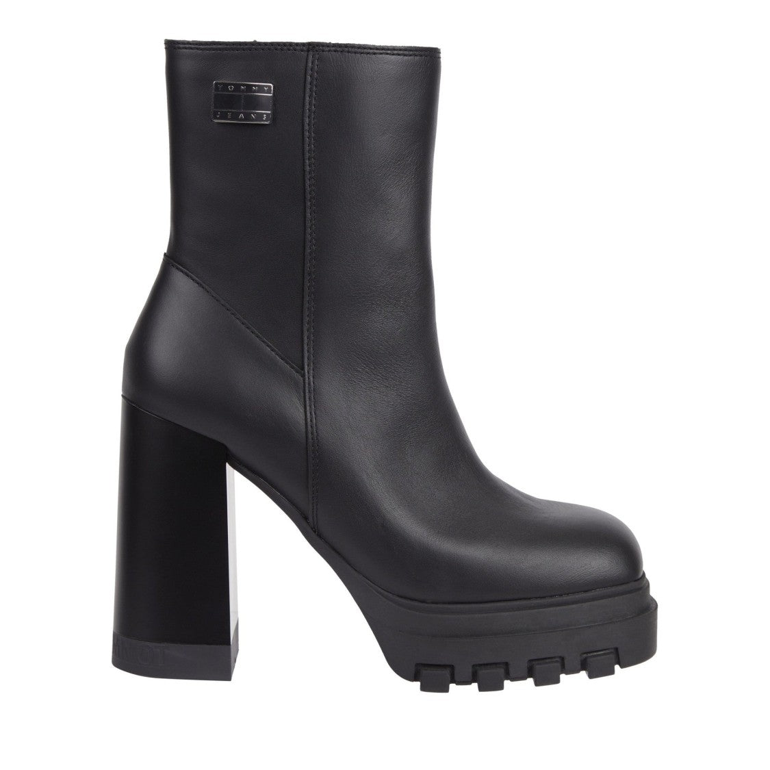 Tommy Jeans Black High Block Heel Rugged Sole Leather Boots