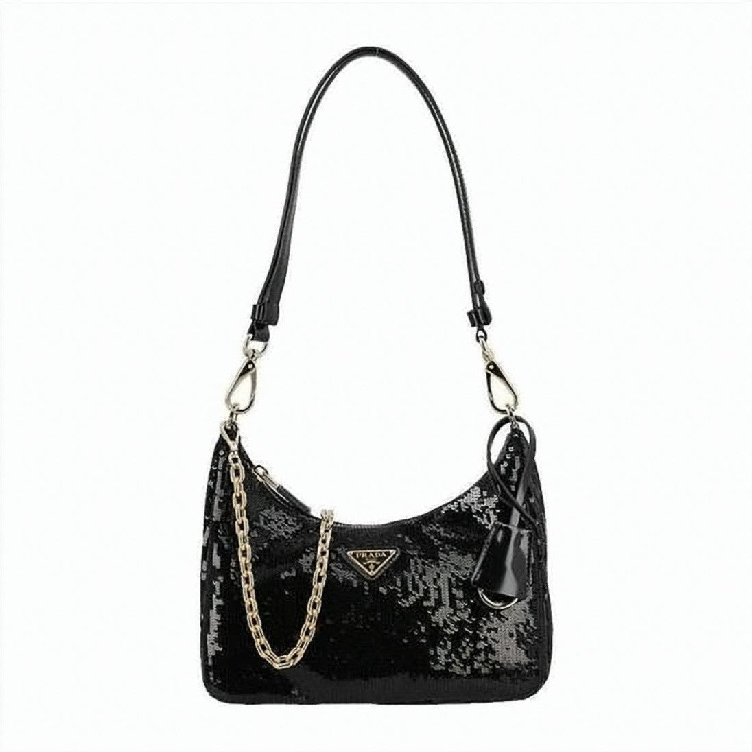 Prada Glossy Black Fabric Shoulder Bag With Leather Accents