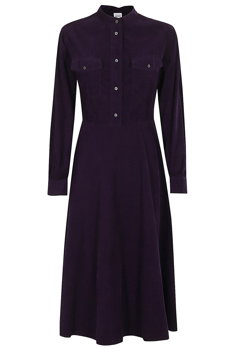 Aspesi Velvet Midi Dress With Mandarin Collar And Silhouette