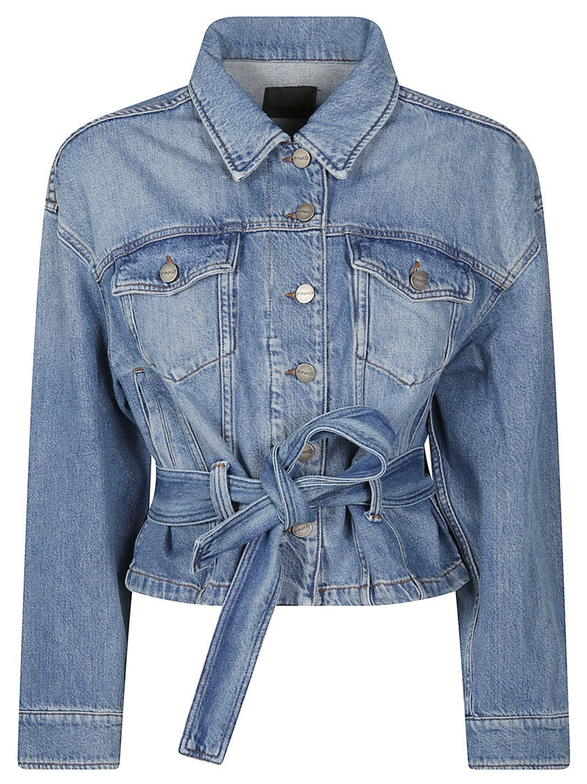 Pinko Giungla Cropped Belted Cotton Denim Jacket