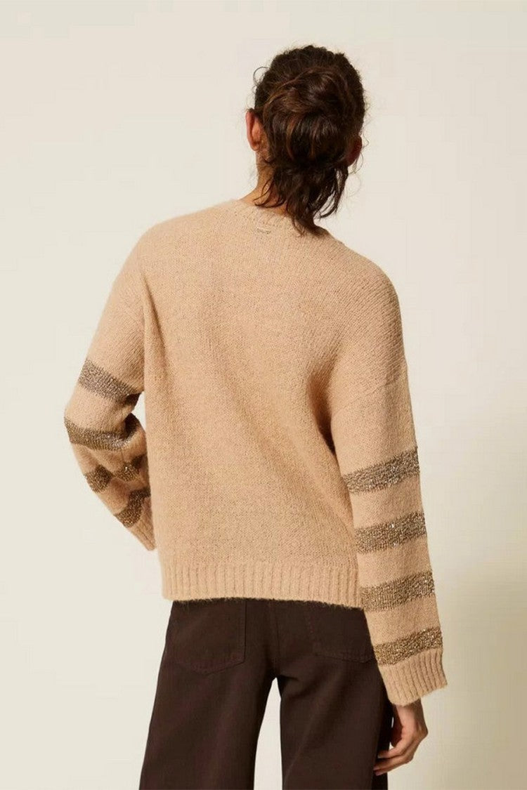 Twin-Set Camel Polyamide-Alpaca Blend Metallic-Stripe Sweater