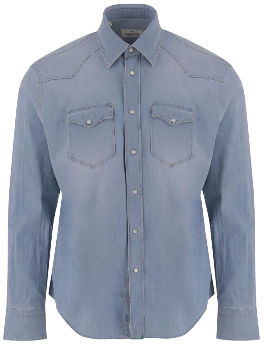 Gherardi Stretch Cotton Denim Shirt With Classic Collar And Chest Pockets