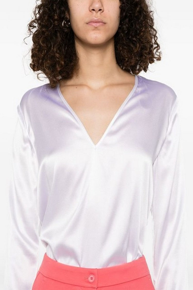Pinko V-Neck Long Sleeve Silk-Elastan Blend Shirt