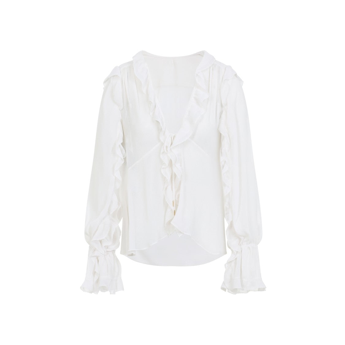 Alberta Ferretti Deep V-Neck Blouse With Ruffled Trim And Flared Cuffs