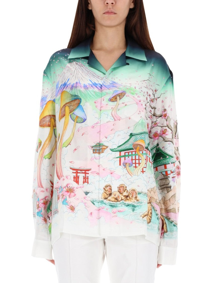 Casablanca Japanese Landscape Print Silk Shirt With Classic Collar And Buttoned Cuffs