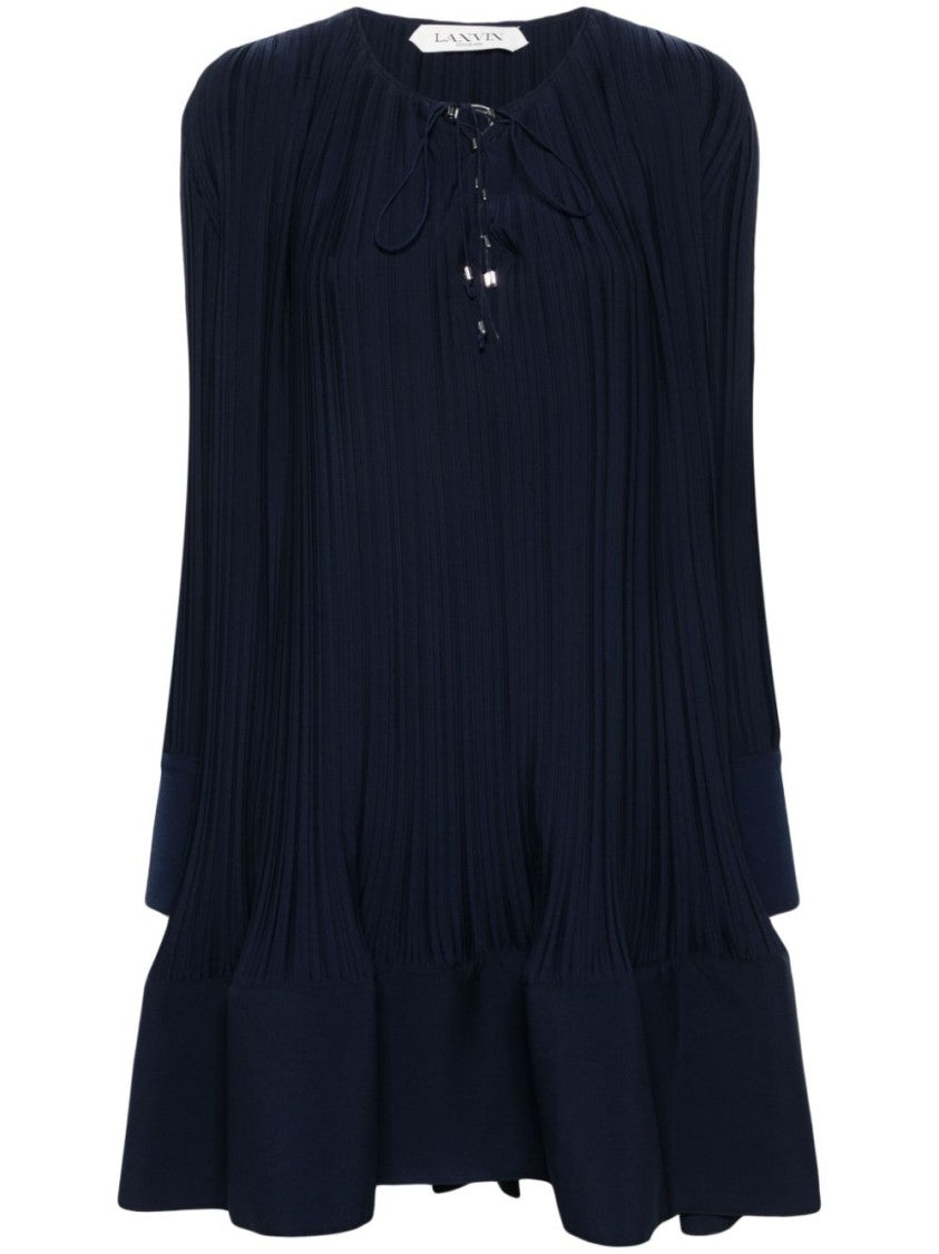 Lanvin Navy Blue Plissé Effect Dress
