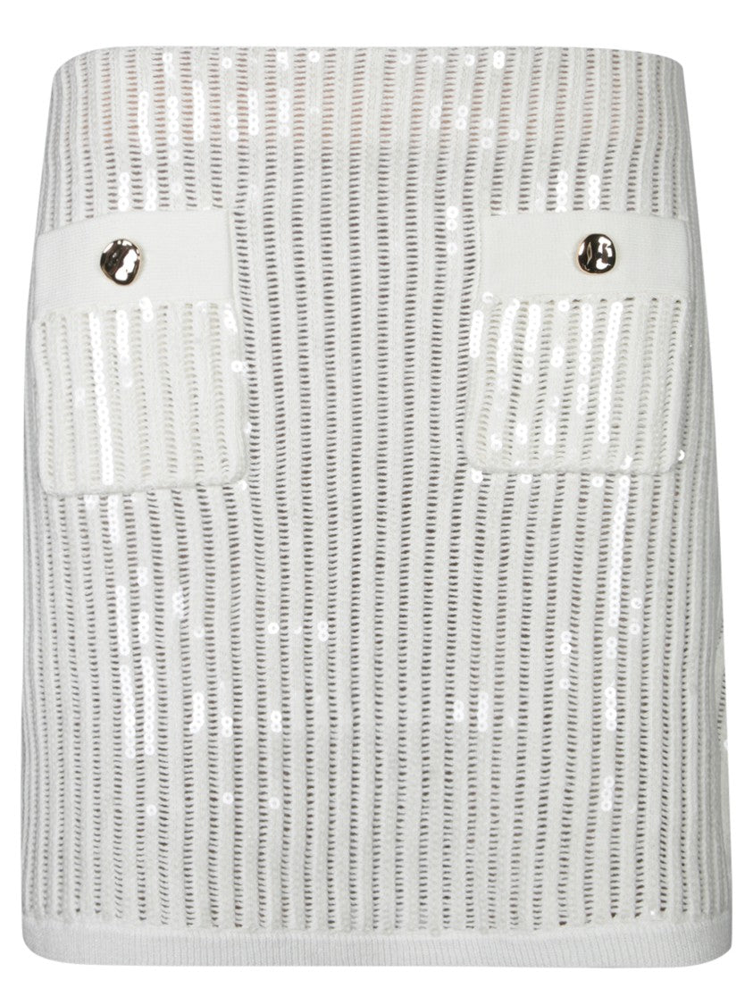 Self-Portrait Mini Sequin Knit Skirt With Button-Accented Pockets
