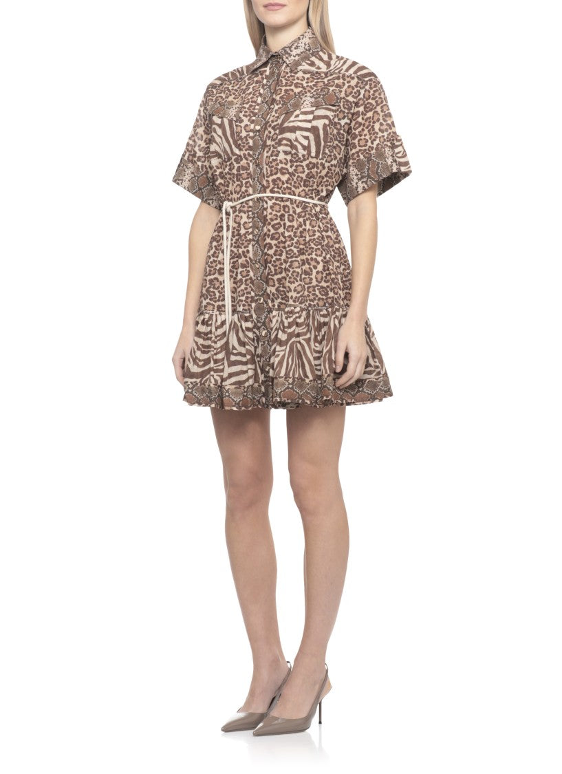 Zimmermann Animal Print Cotton Mini Dress With Belted Waist And Ruffled Hem