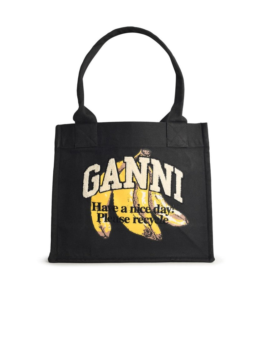 Ganni Large Banana Print Bag In Black Cotton