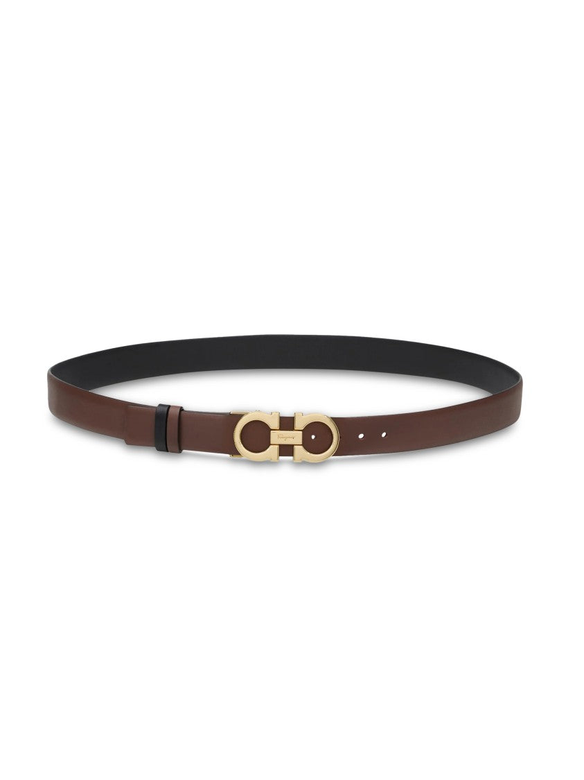 Ferragamo Brown Calf Leather Belt With Gold-Tone Gancini Buckle