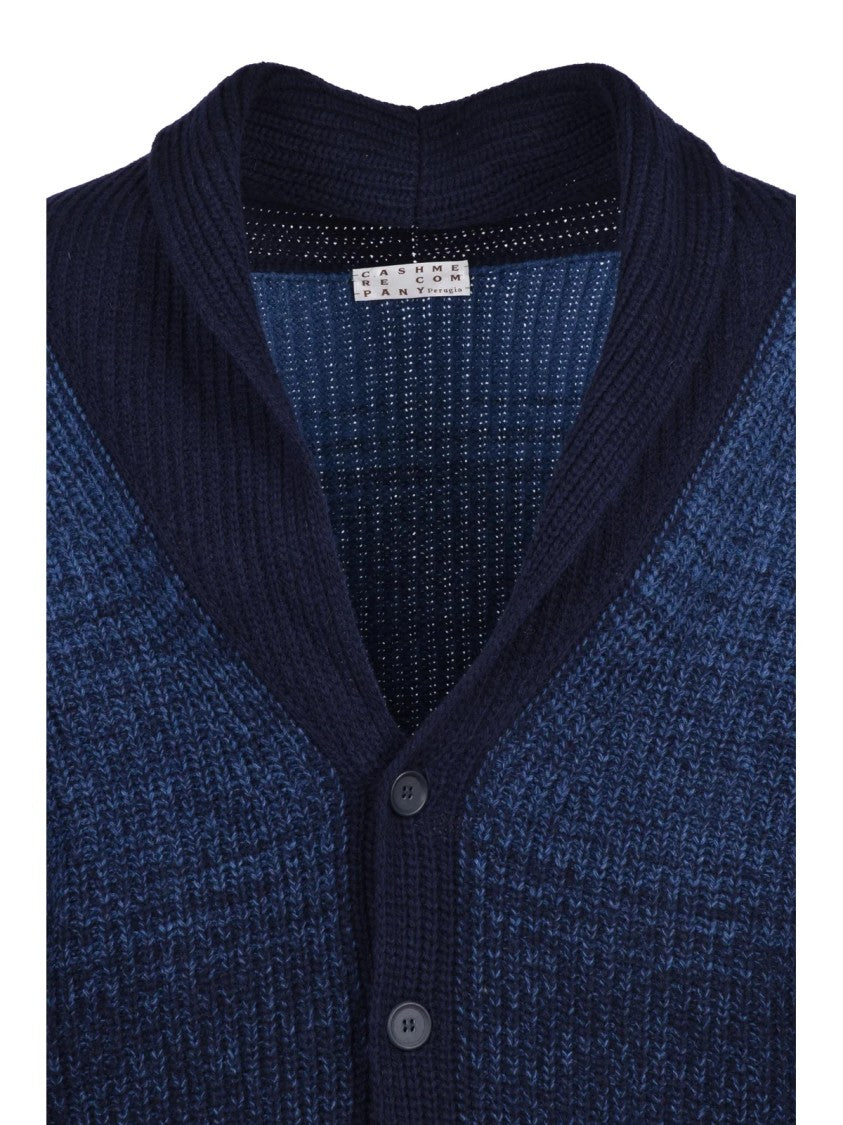 Cashmere Company P. Shawl Collar Cardigan In Gradient Blue With Textured Knit