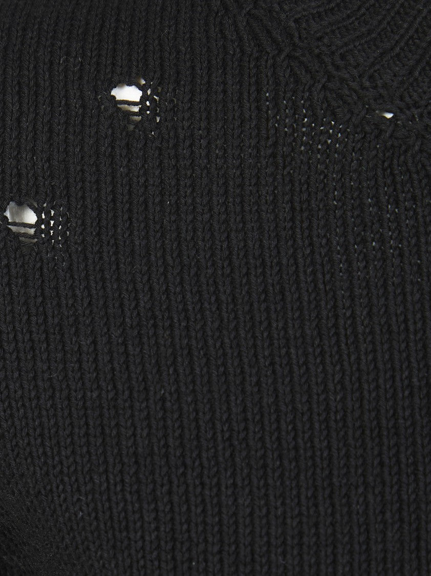 Mm6 By Maison Margiela Black Crew Neck Distressed Ribbed Sweater