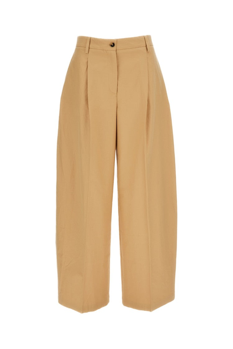 Alberto Biani Beige Cotton Front Pleat Wide-Leg Pants