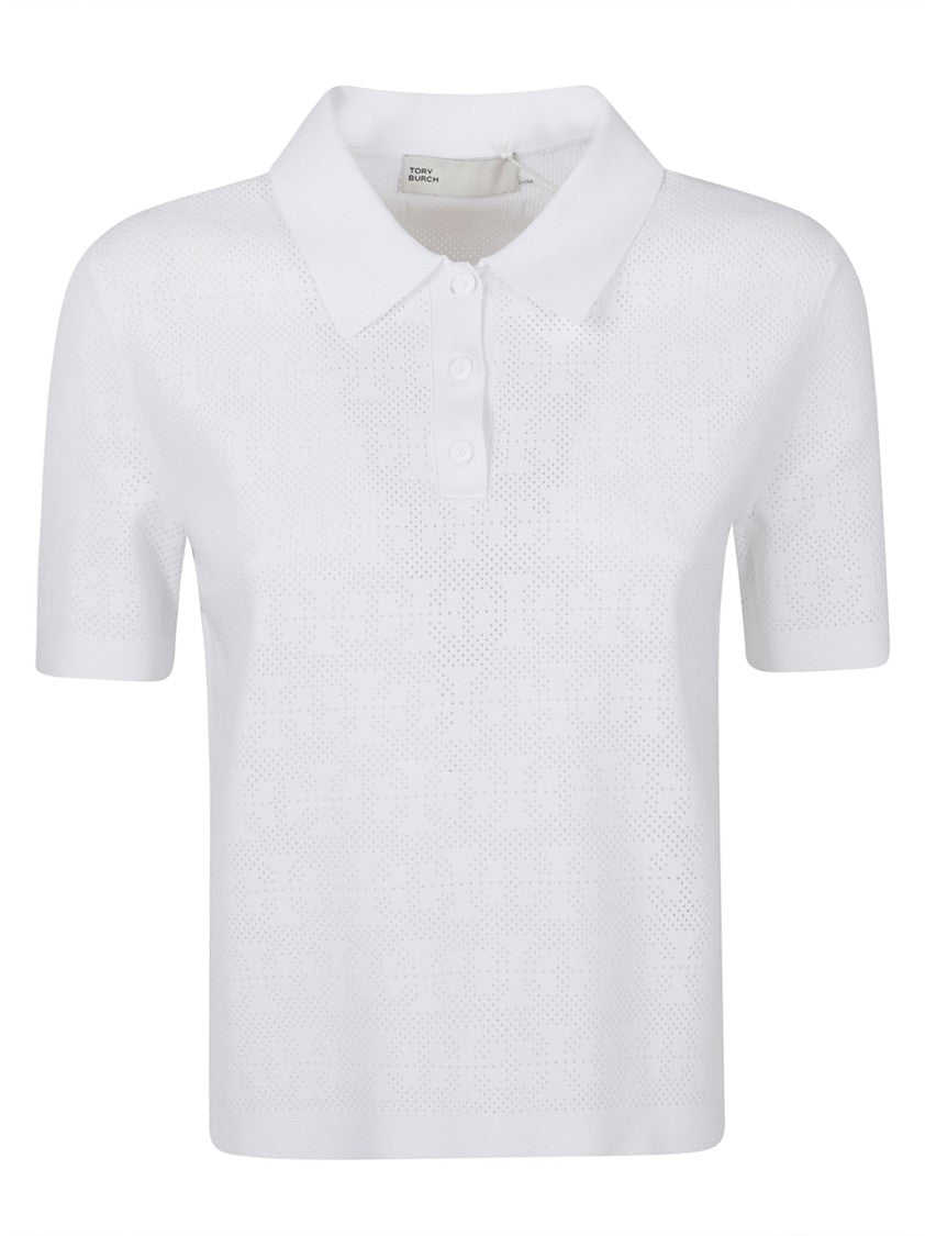 Tory Burch White Cotton Perforated Polo Shirt