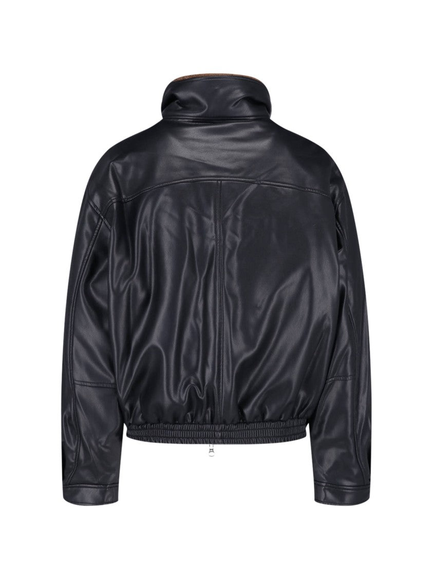 Low Classic Black Detachable Faux Fur Collar Faux Leather Bomber Jacket