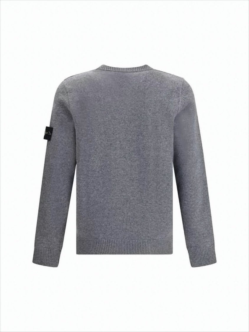 Stone Island Classic Crew Neck Grey Sweater With Ribbed Cuffs And Emblem Patch