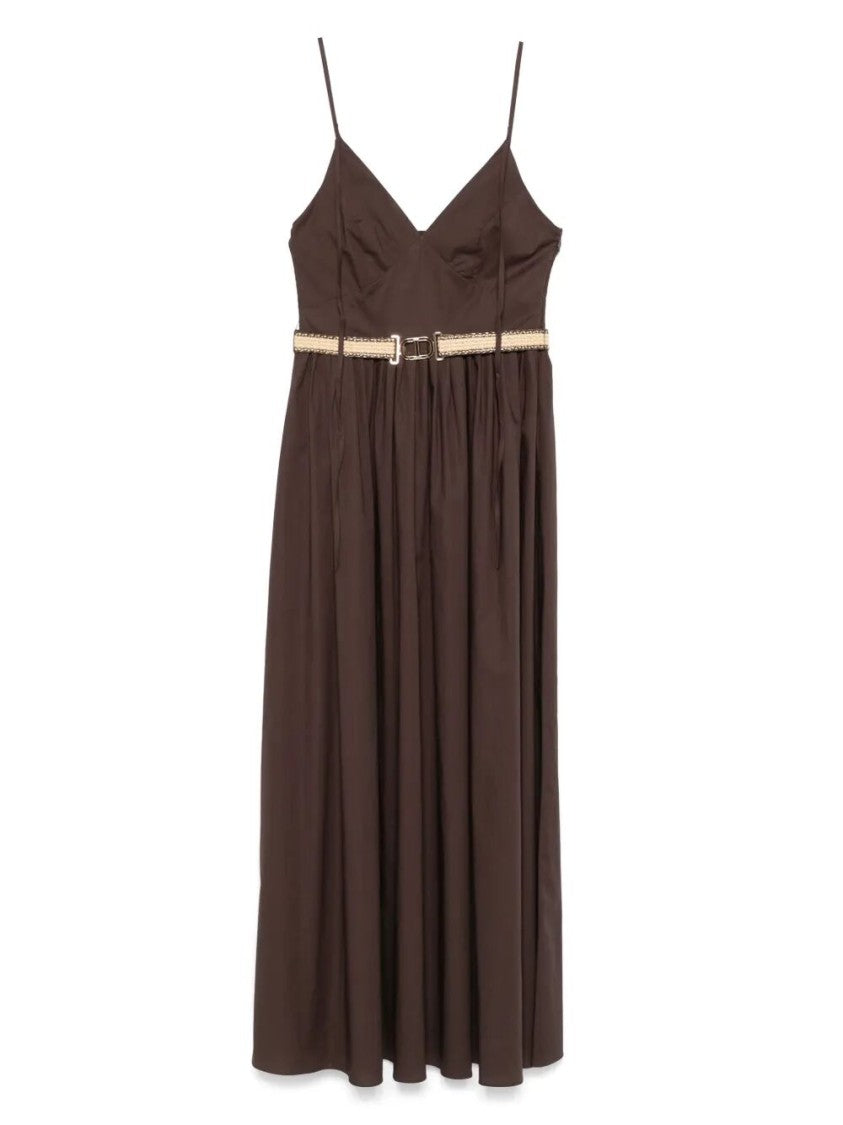 Twin-Set Fitted Brown Maxi Dress With Deep V-Neckline