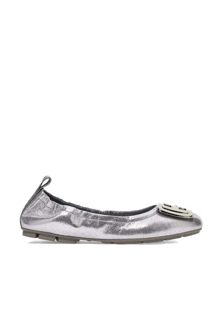 Hogan Silver Logo Buckle Elasticated Metallic Leather Ballet Flats