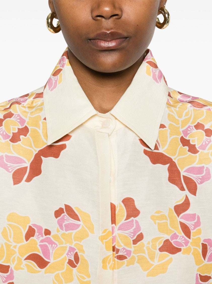 Raquel Diniz Relaxed Ivory Linen Shirt With Floral Print