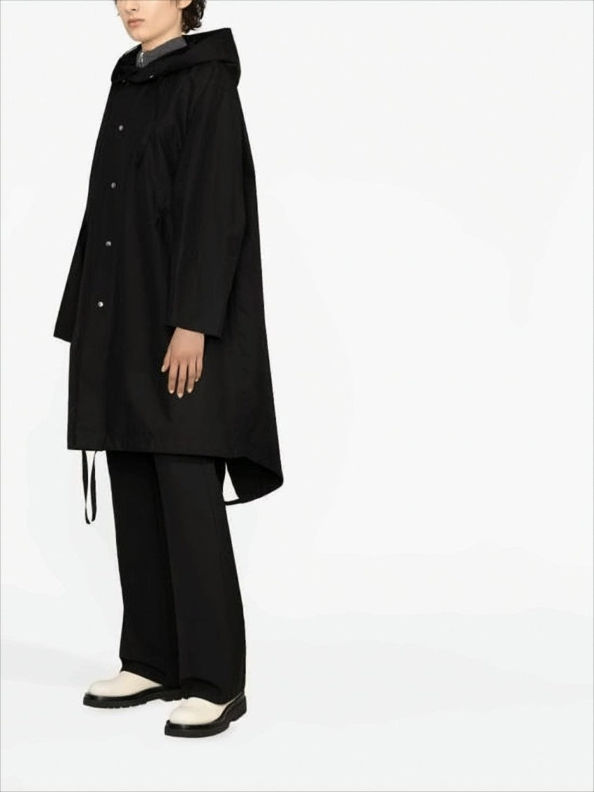 Jil Sander Hooded Black Cotton Coat With Fishtail Hem