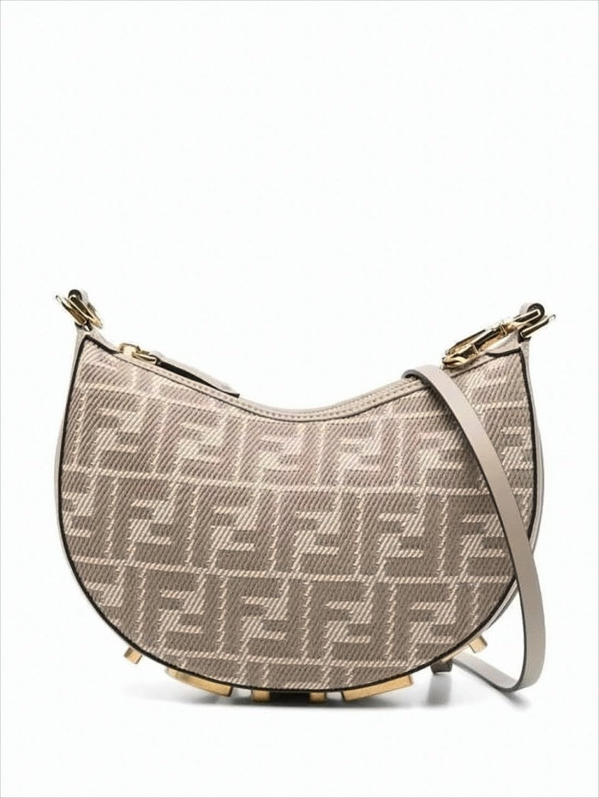 Fendi Crescent-Shaped Monogram Shoulder Bag With Leather Trim And Gold Hardware