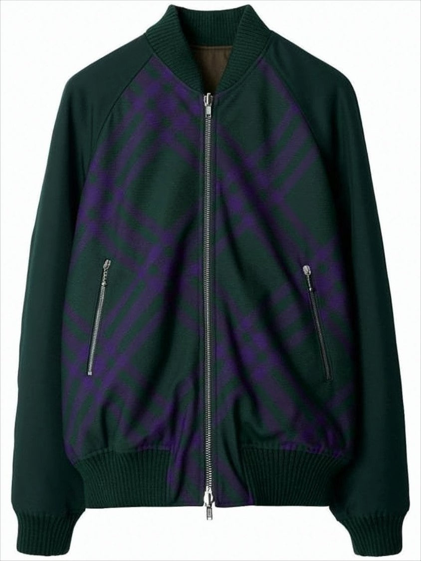Burberry Dark Check Bomber Jacket With Structured Silhouette