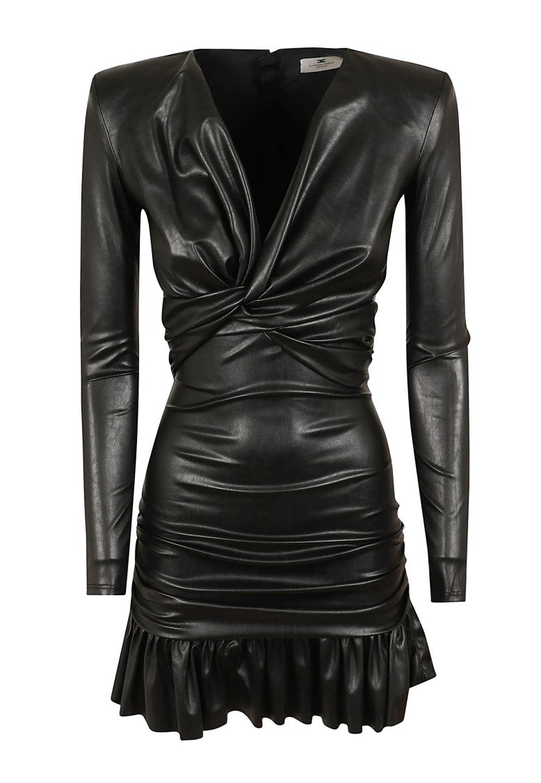 Elisabetta Franchi Structured Draped Ruffled Synthetic Leather Mini Dress
