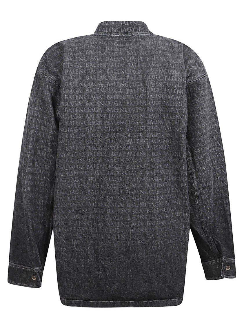 Balenciaga Washed Black Denim Jacket With Tonal Logo Print And Flap Pockets