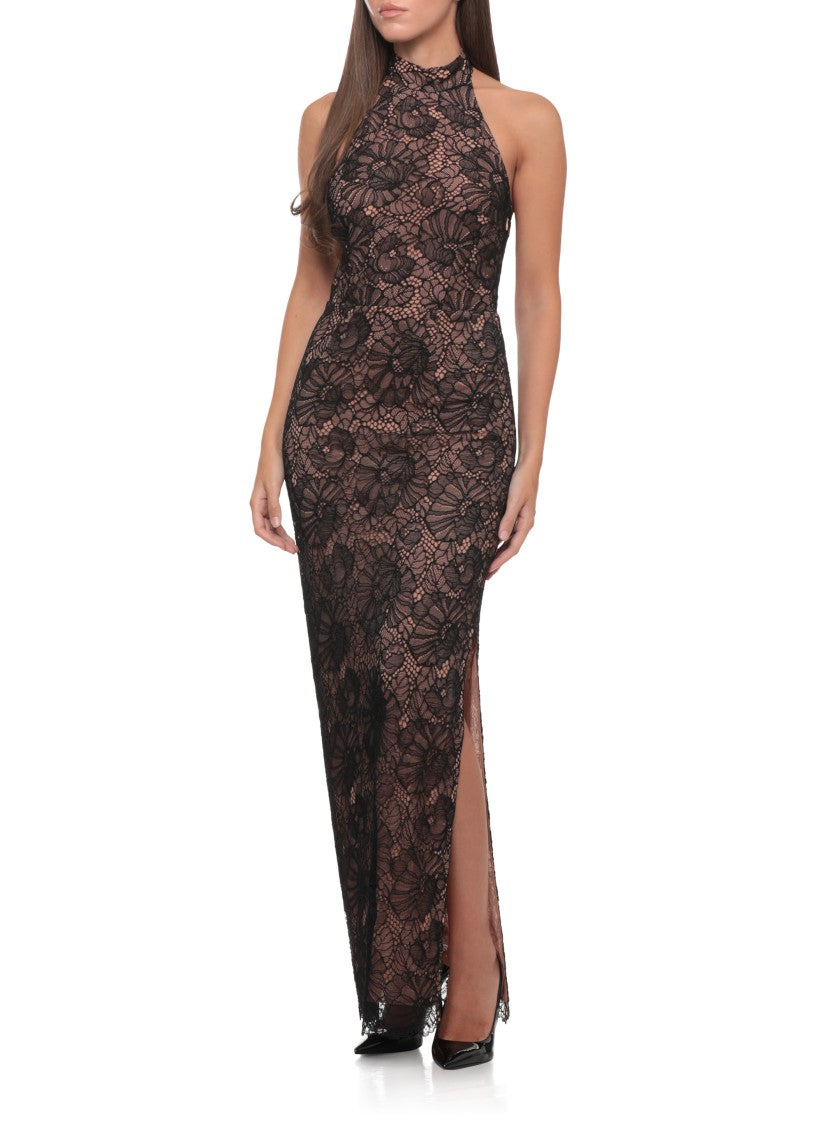 Rotate Intricate Black Lace Long Dress With Halter Neckline