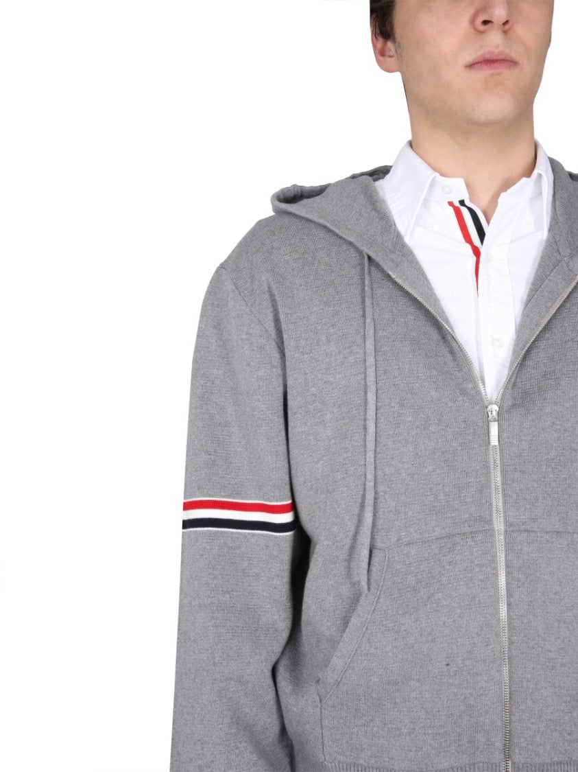 Thom Browne Zip-Up Hoodie With Drawstring And Contrasting Striped Sleeves