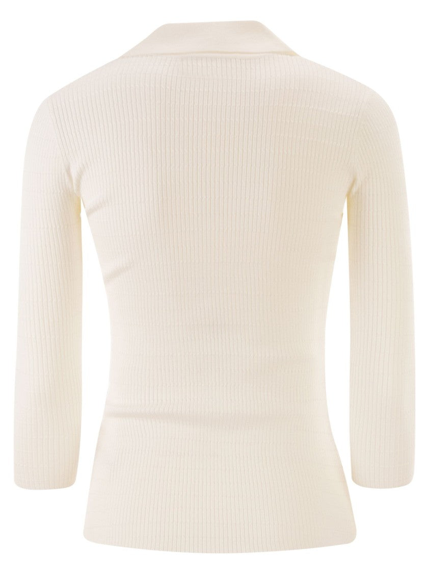 Elisabetta Franchi Micro-Braided Ribbed Knit Polo Shirt With Gold Accents