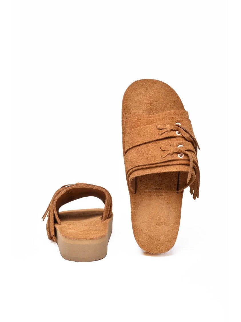 Corbi & Sons Beige Layered Fringe Suede Platform Slide Sandals