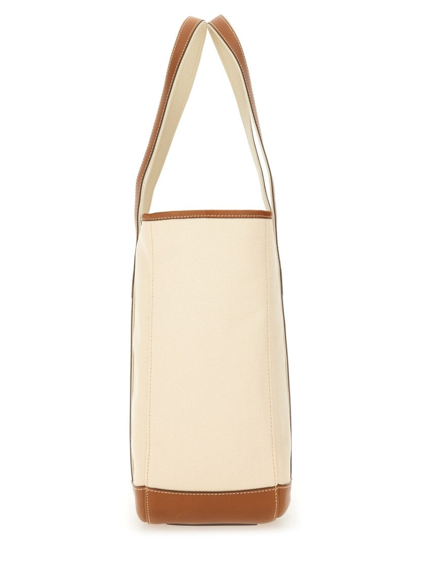 Polo Ralph Lauren Structured Tote Bag With Cream Canvas And Brown Leather Accents